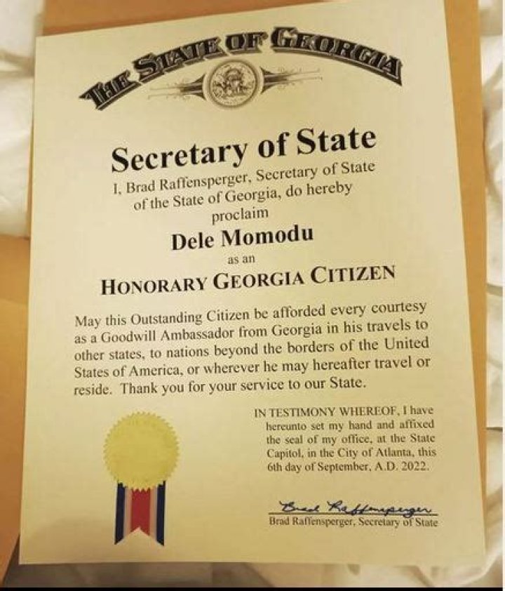 
Dele Momodu Has Been Granted Honorary Citizenship In Georgia, USA. 
